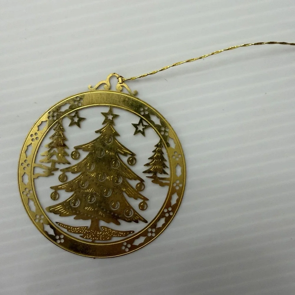 Vintage Gold Tone 3D Christmas Tree Ornament Folding Filigree &circle Ornaments